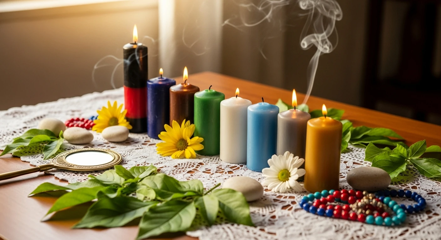 Sete velas nas cores dos orixás alinhadas sobre pano branco, uma para cada dia da semana, de Exu na segunda a Oxalá no domingo.
