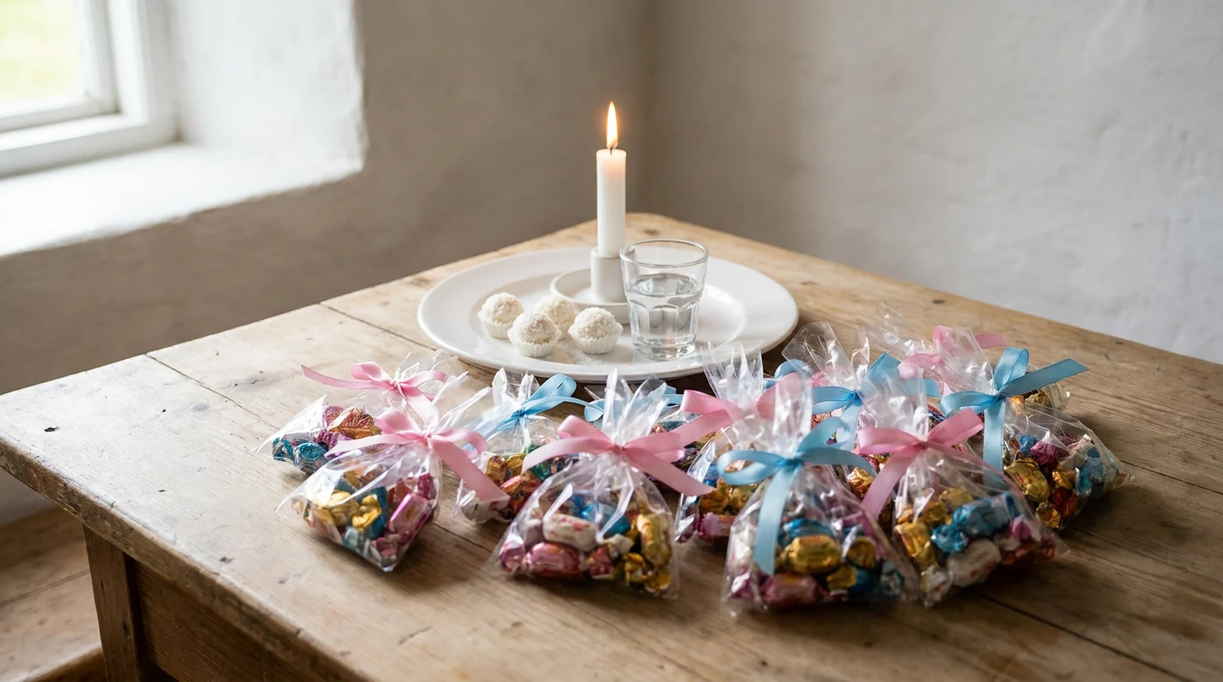 Saquinhos de doces coloridos prontos para a distribuição do dia 27 de setembro, ao lado de um prato com doces brancos e uma vela acesa.