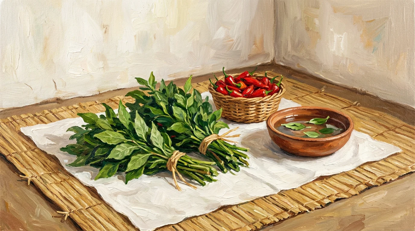 Maços de folhas verdes amarrados com ráfia sobre um pano branco e uma esteira de palha, ao lado de uma cesta de pimentas vermelhas e uma tigela de barro com água e folhas.