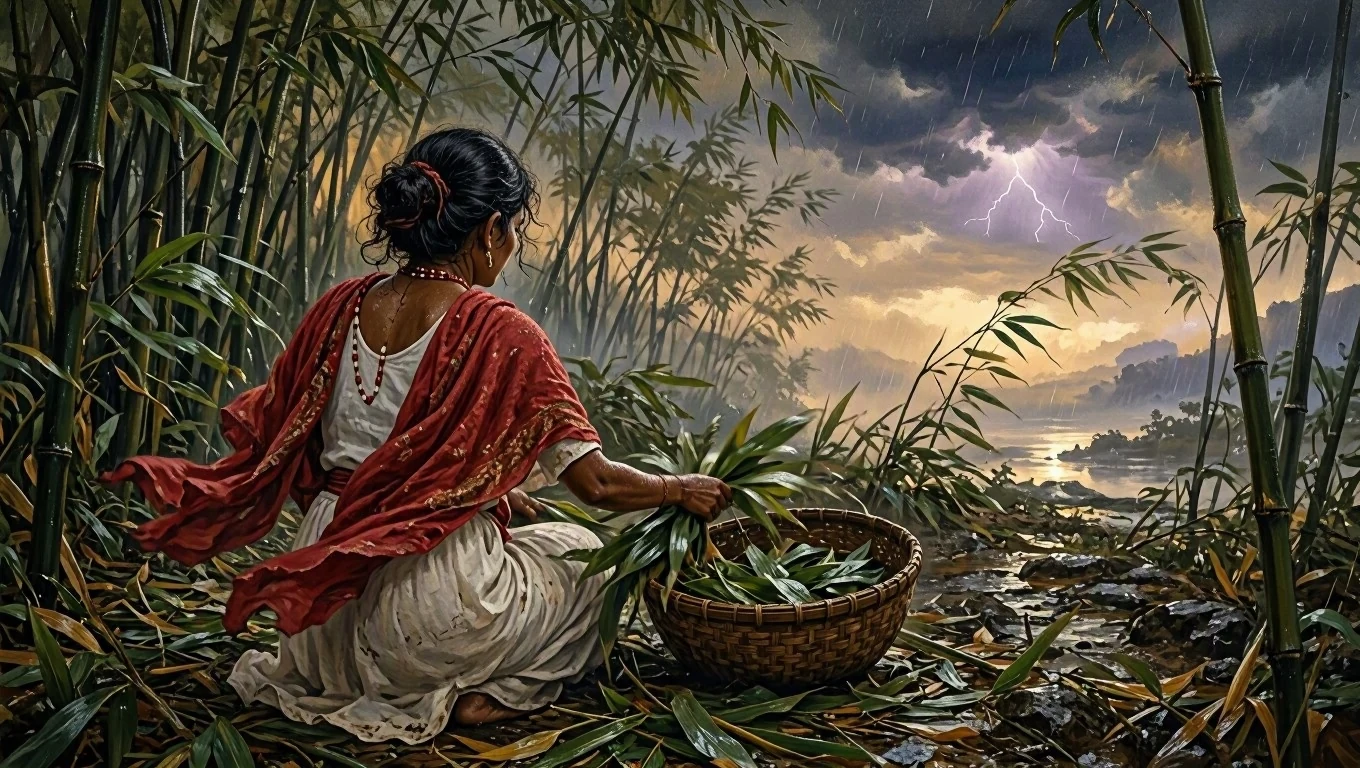Pintura sacra de uma mulher de perfil, de xale vermelho, colhendo folhas num bambuzal sob um céu de tempestade