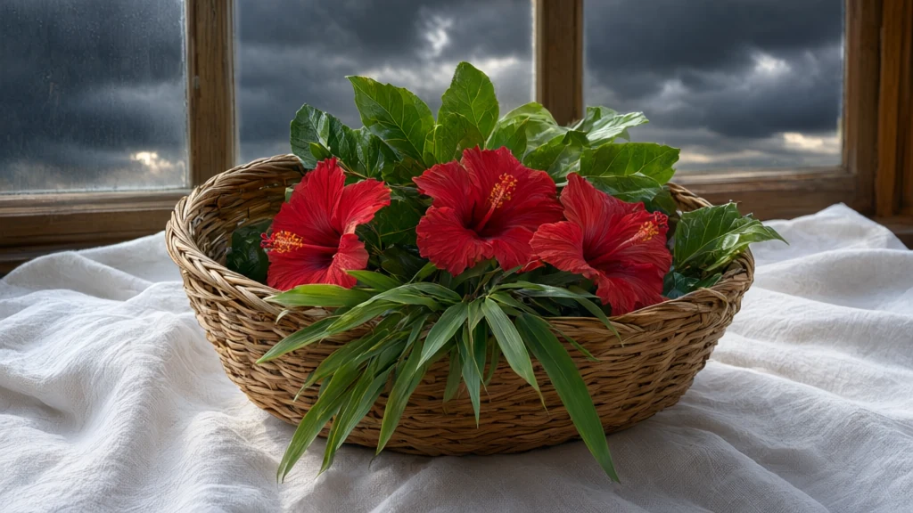 Cesta de vime com folhas verdes, flores vermelhas de hibisco e um maço de folhas de bambu sobre pano branco, com um céu de tempestade ao fundo da janela.