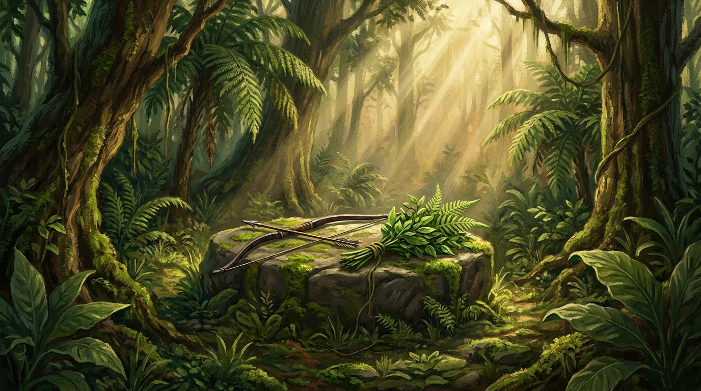Pintura de uma clareira na mata com um arco e uma flecha sobre uma pedra coberta de musgo, ao lado de um feixe de folhas verdes amarrado com cipó.