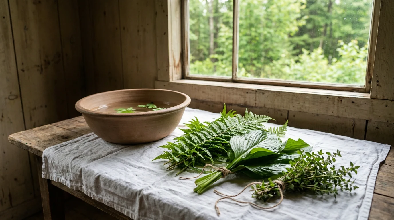 Maços de folhas verdes frescas sobre pano branco numa mesa de madeira, com uma bacia de barro com água e folhas, ao lado de uma janela que dá para a mata.
