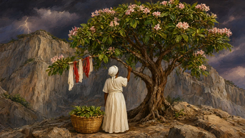 Sacred painting of a woman in white, from behind, touching the leaves of a flowering tree at the foot of a quarry under a storm, with red and white strips on a branch and a basket of leaves on the ground.