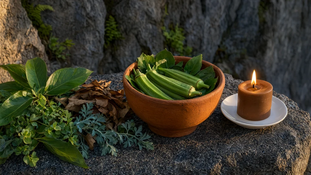 Fresh and dry leaves over a dark stone slab, with a clay alguidar full of green leaves, okra, and a lit brown candle nearby.