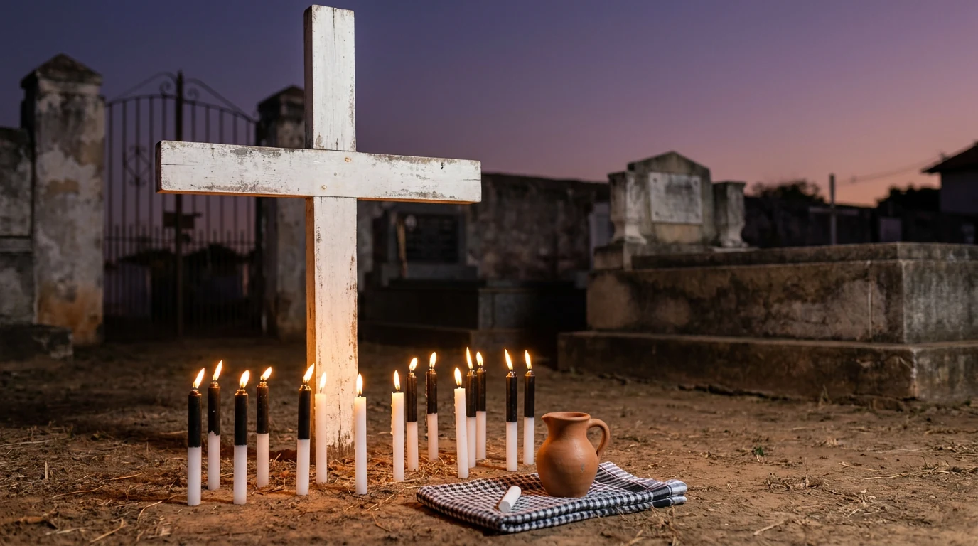 Cruz de madeira num cemitério ao anoitecer, com velas preta e branca e velas brancas acesas ao pé, quartinha de barro e pemba branca sobre um pano preto e branco.