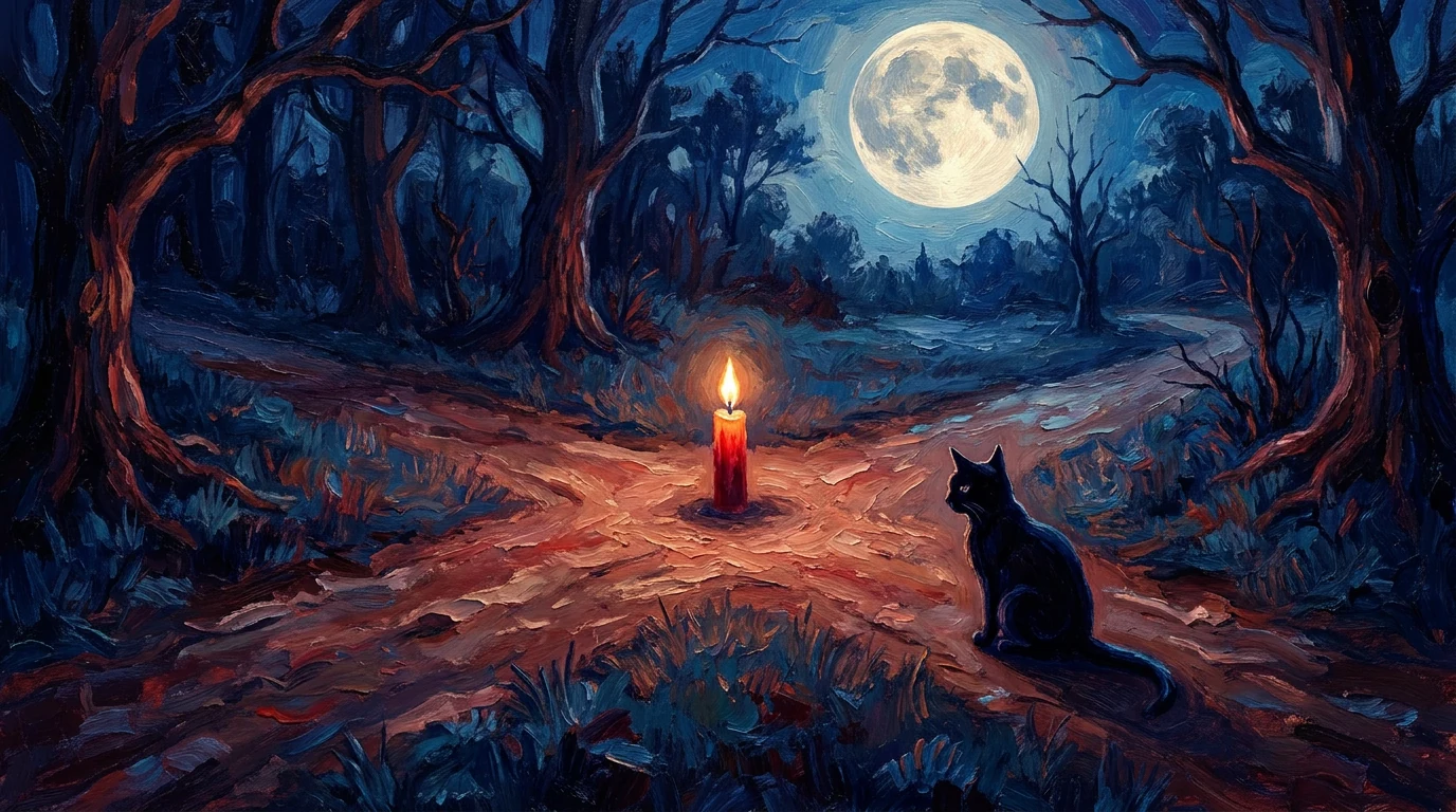 Pintura de uma encruzilhada na mata sob a lua cheia, com uma vela vermelha acesa no chão e um gato preto sentado à beira do caminho.