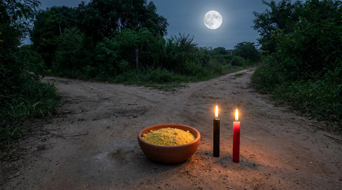 Alguidar de barro com padê de farofa amarela sobre chão de terra numa encruzilhada à noite, com uma vela preta e uma vela vermelha acesas e uma lua cheia no céu.