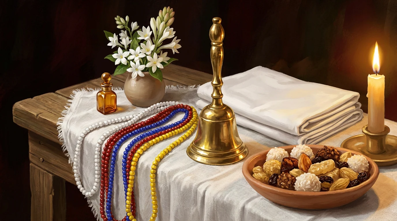 Adjá de latão em pé sobre pano branco, com guias coloridas, flores brancas, frasco de perfume, tigela de doces e vela acesa ao lado.