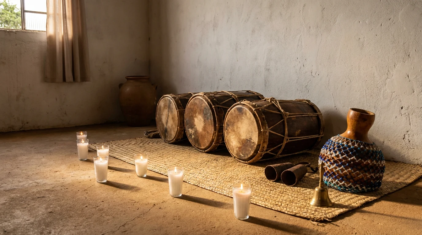 Salão de terreiro de batuque antes da festa, com três tambores ilú deitados sobre esteira, agê de miçangas, sineta adjá e velas acesas junto à parede caiada.