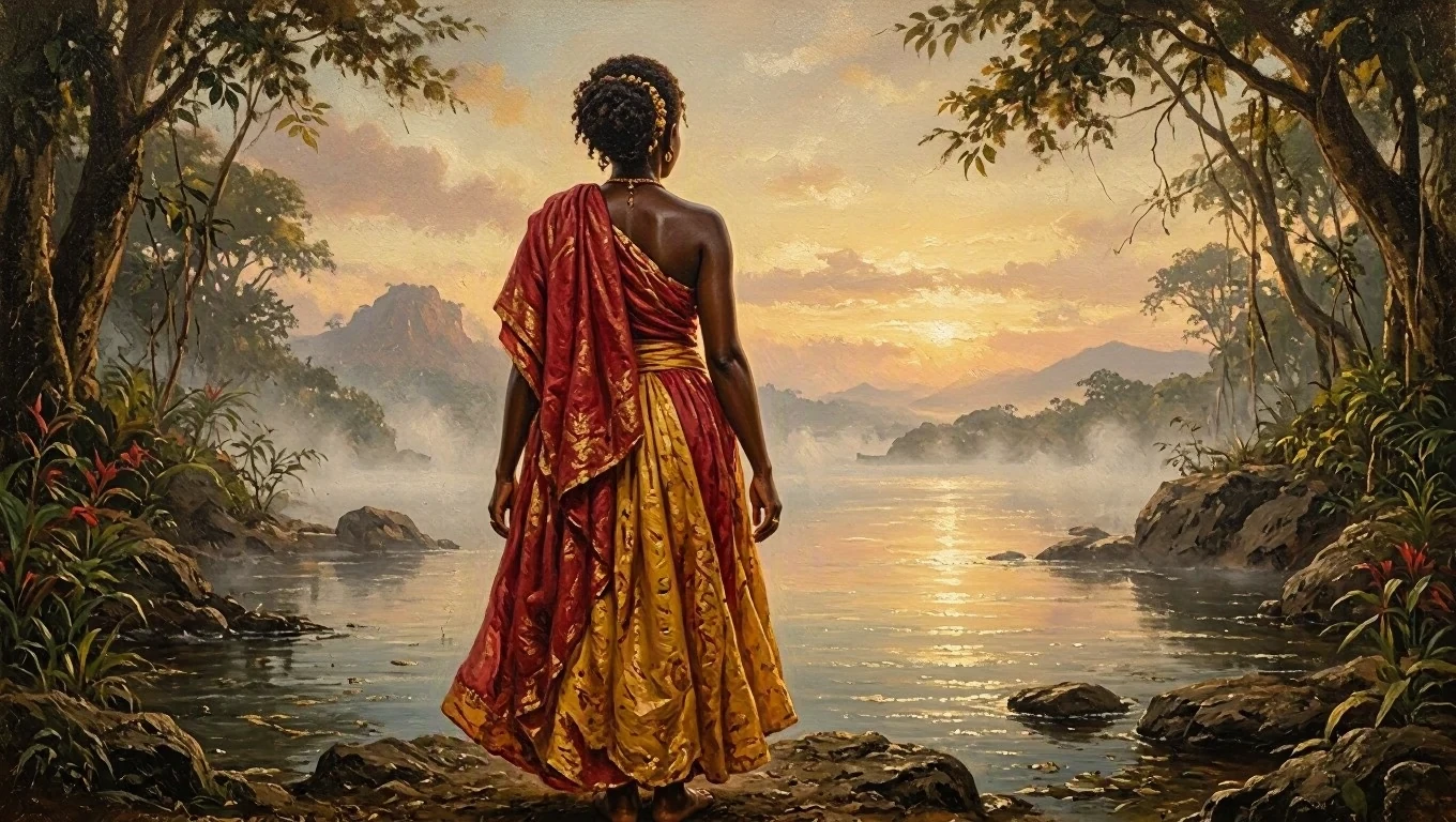 Pintura sacra de uma orixá vista de costas, de saia vermelha e dourada e pano vermelho no ombro, à beira de uma nascente enevoada na mata ao amanhecer