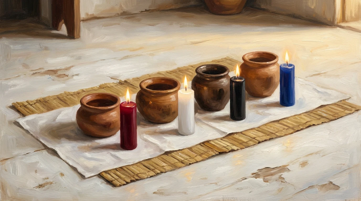 Pintura de quatro vasilhas de barro de tamanhos diferentes em fila sobre um pano branco e uma esteira de palha, cada uma com uma vela acesa de cor única ao lado: vermelha, branca, preta e azul.