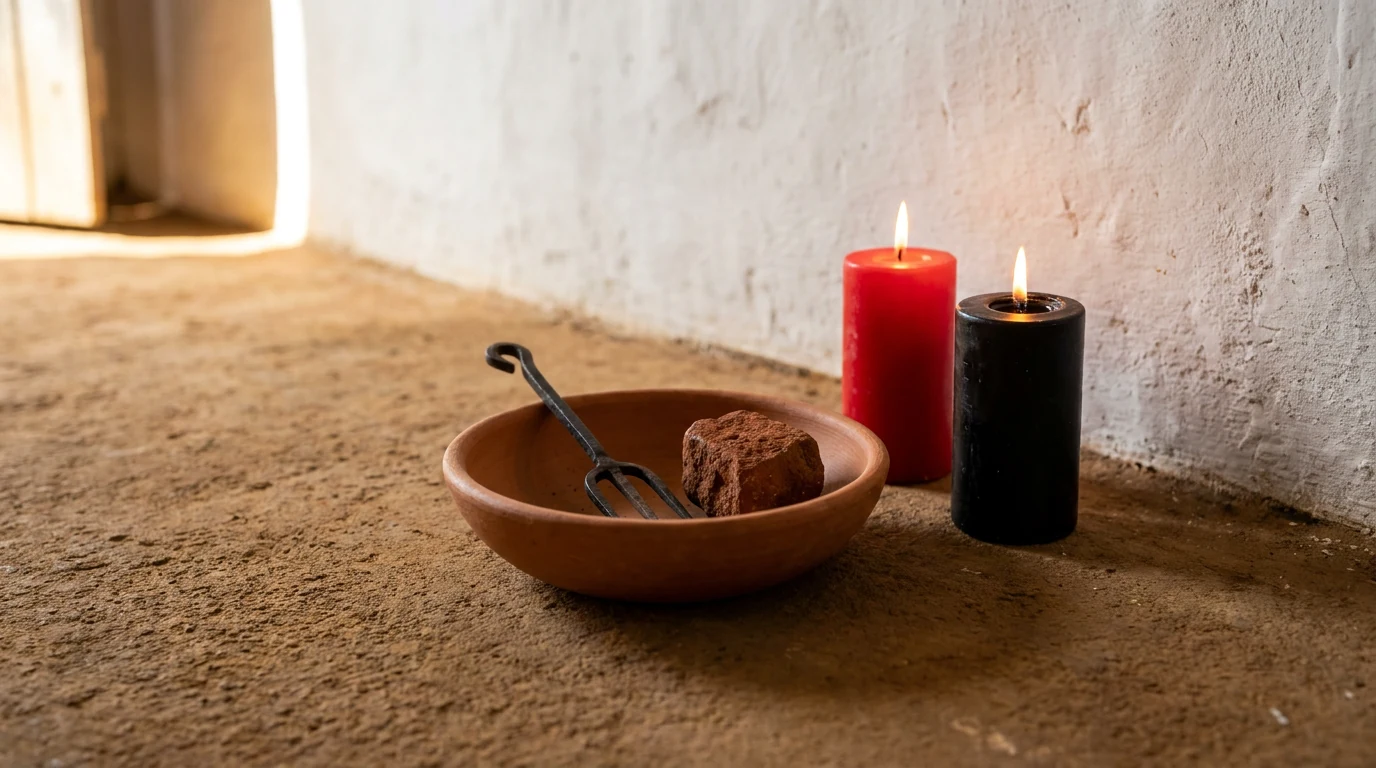 Um alguidar de barro com um pequeno garfo de ferro e uma laterita, ao lado de uma vela vermelha e uma preta acesas sobre o chão de terra batida de um terreiro, diante de uma parede caiada.