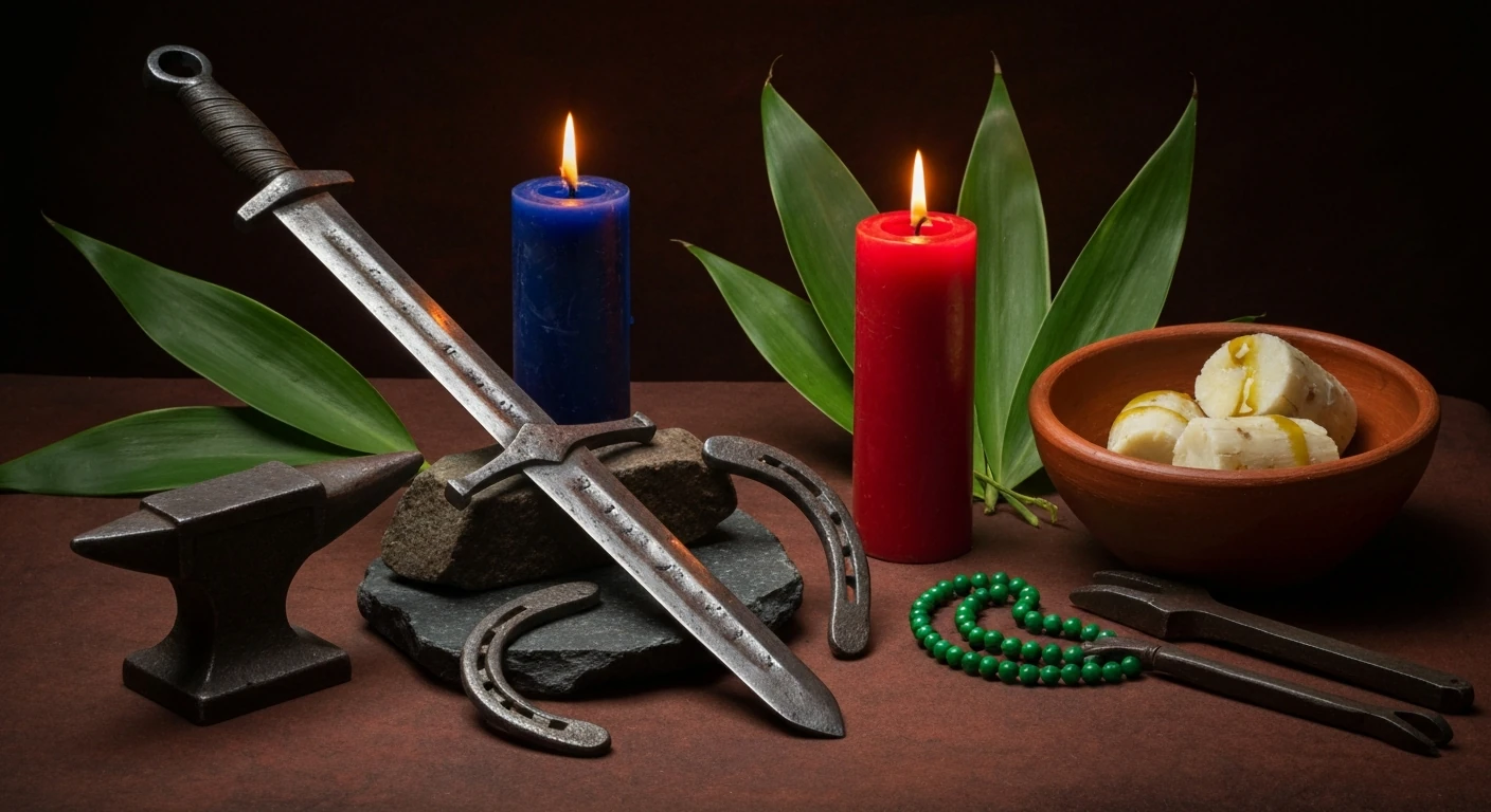 Elementos de Ogum sobre pedra com espada de ferro, ferramentas de metal e folhas verdes, evocando o arquétipo do orixá guerreiro.