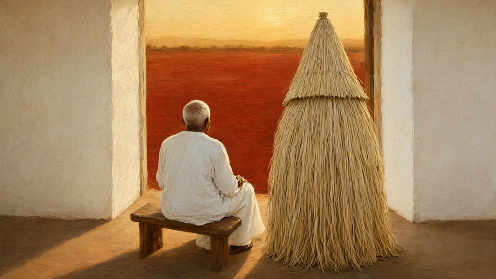 Pintura de homem de branco, de costas à porta do terreiro, junto a uma figura coberta de palha.
