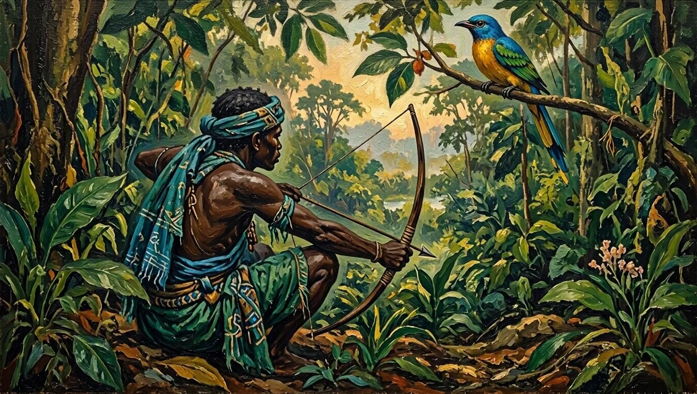 Pintura de um caçador de azul-turquesa e verde agachado de perfil atrás da folhagem com o arco armado, e um pássaro colorido num galho acima.