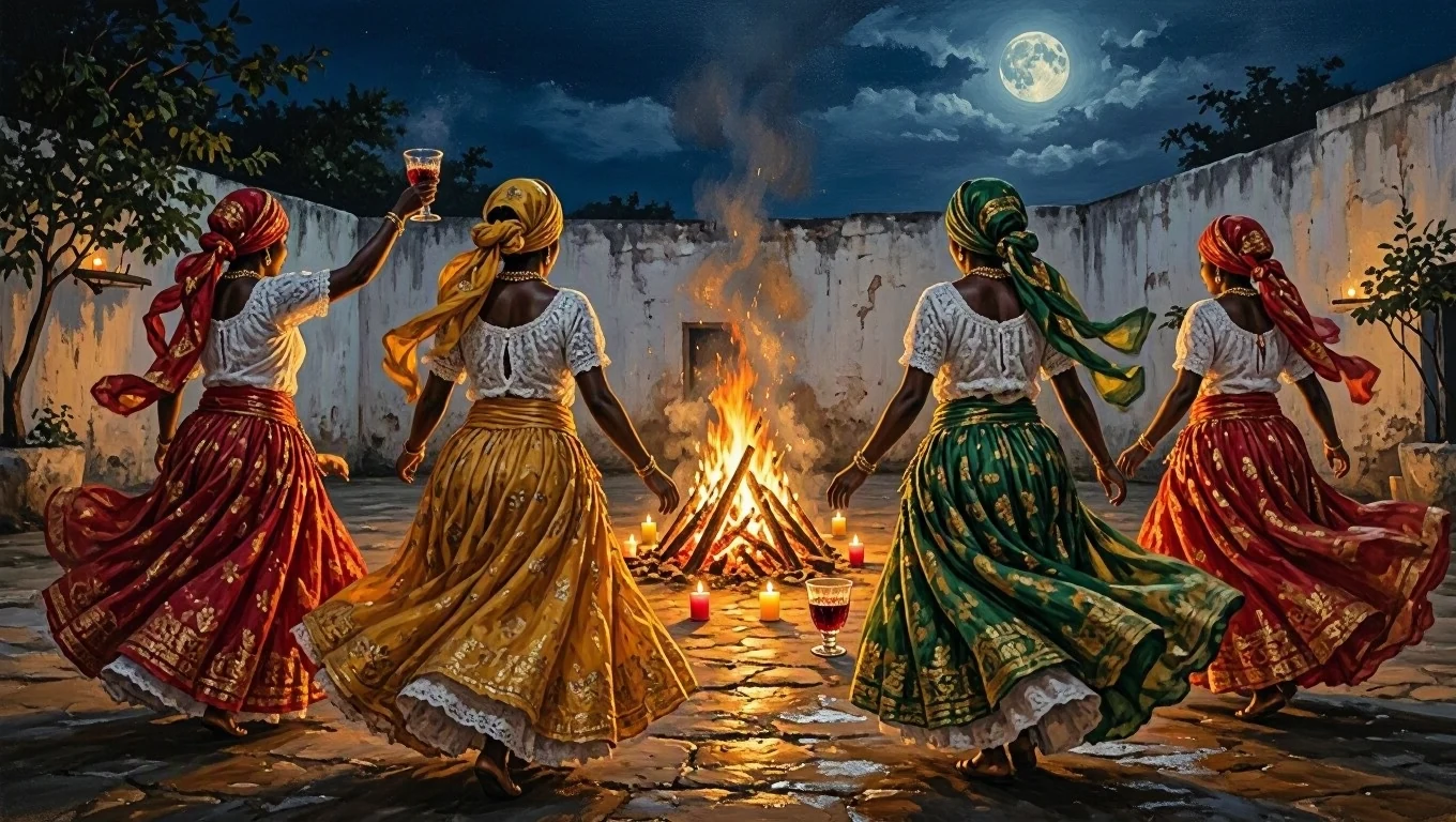 Painting of four dancers seen from behind, wearing flared red, gold, and green skirts and headscarves, spinning around a bonfire in a whitewashed courtyard under the full moon, with candles and cups on the ground.