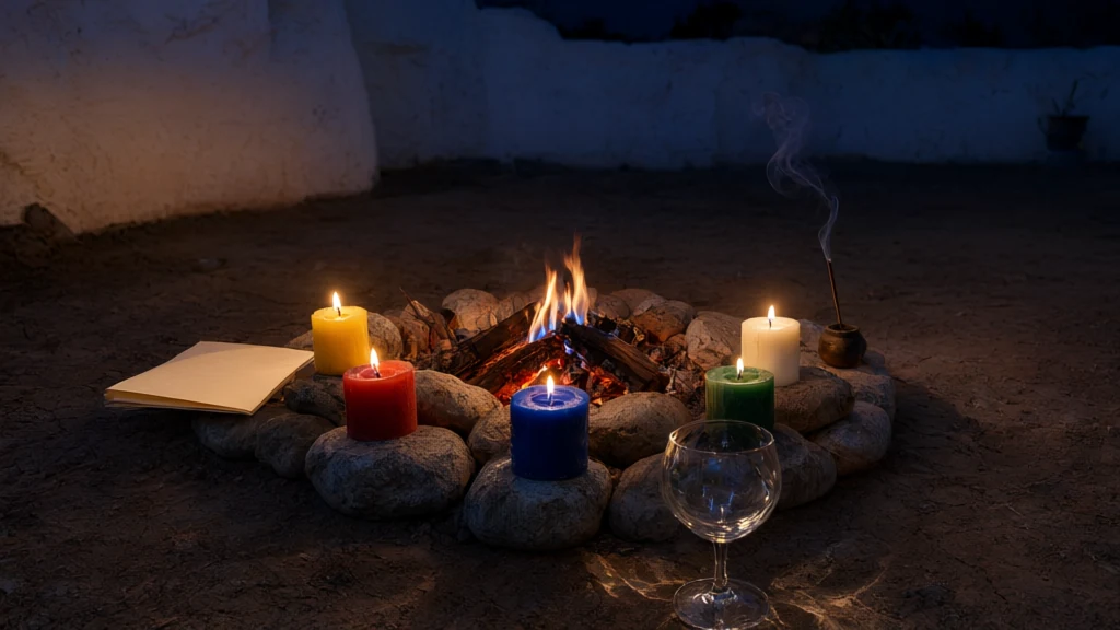 Small wood fire in a dirt courtyard at night, inside a circle of stones with lit yellow, red, blue, green, and white candles, a folded paper, incense, and a glass cup nearby.