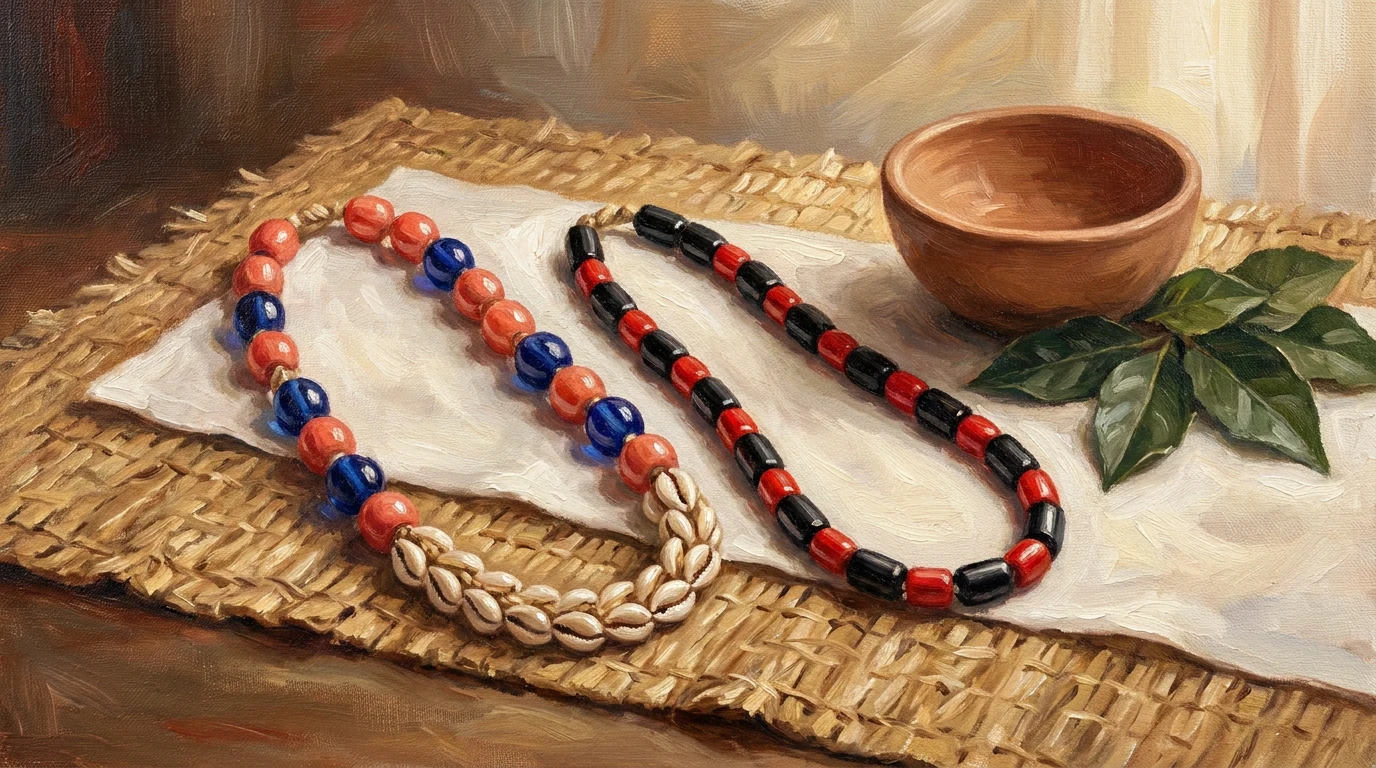 Pintura de dois fios de contas sobre pano branco e esteira de palha, um coral e azul com búzios trançados e outro preto e vermelho, ao lado de uma tigela de barro e folhas verdes.