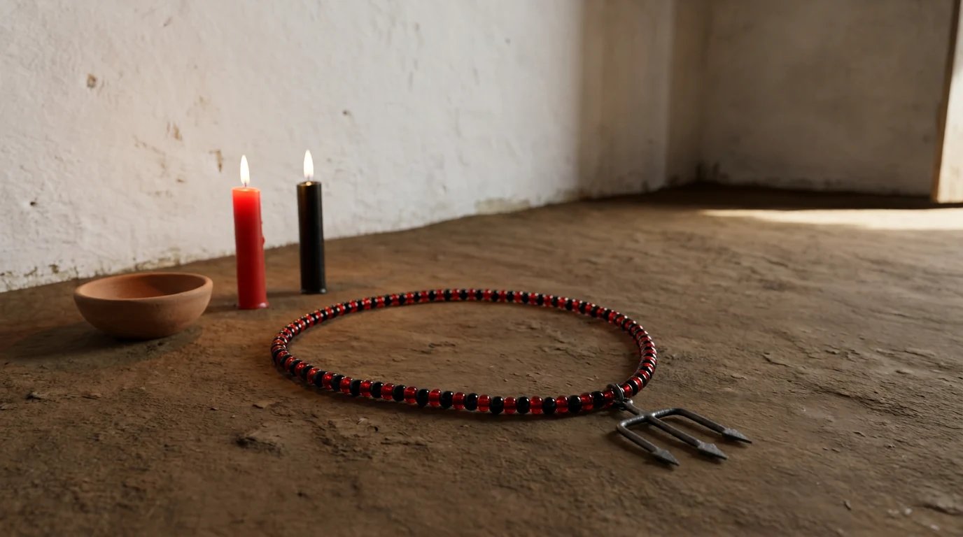 Guia de contas pretas e vermelhas alternadas com um pequeno tridente de ferro pendurado, sobre chão de terra batida, ao lado de uma vela vermelha e uma preta acesas junto a uma parede caiada.