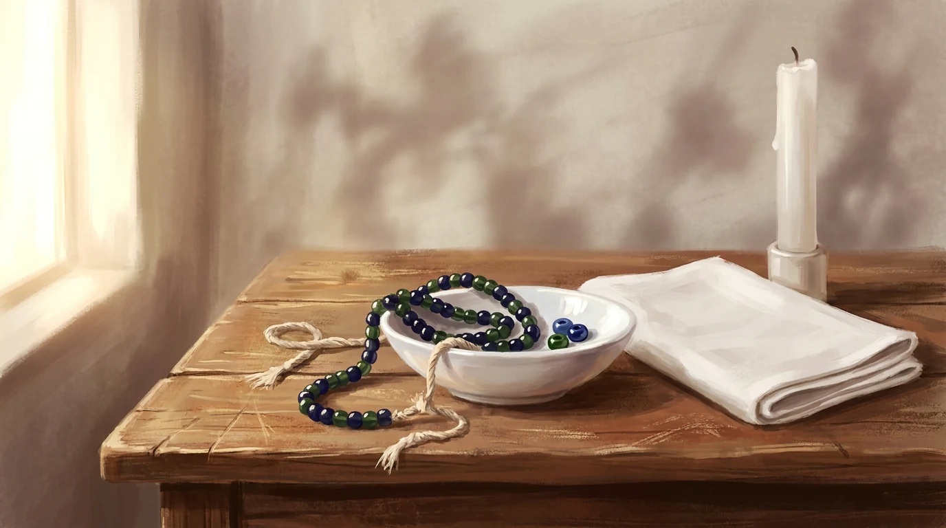 Guia de contas azul-escuro e verde com o cordão rompido, contas soltas numa tigela branca de louça, pano branco dobrado e vela branca apagada.