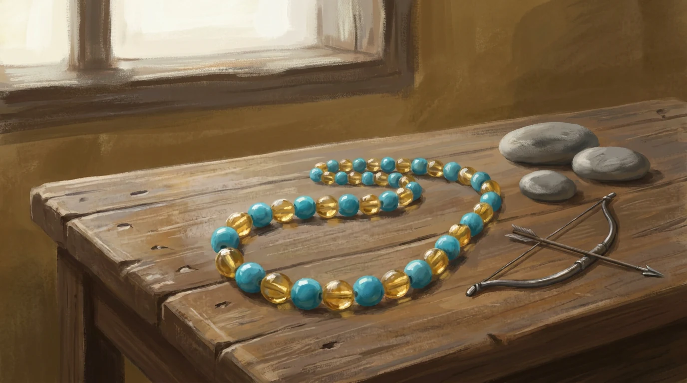 Pintura de um fio de contas com miçangas azul-turquesa e douradas alternadas, ao lado de seixos de rio e de um pequeno arco e flecha de metal.