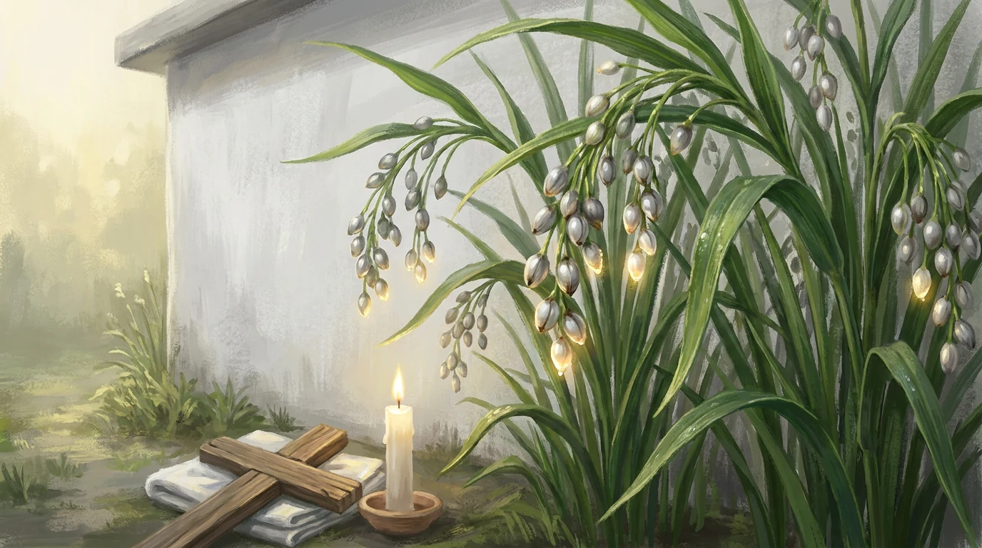 Pintura de pés de capim-rosário com cachos de sementes de lágrima-de-nossa-senhora junto a uma parede caiada, com uma cruz de madeira sobre pano branco e uma vela branca acesa.
