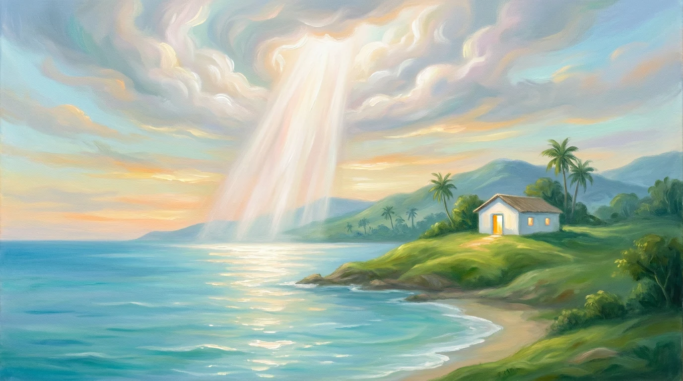 Pintura de luz branca descendo das nuvens sobre o mar e o litoral, com uma casinha caiada de porta acesa.