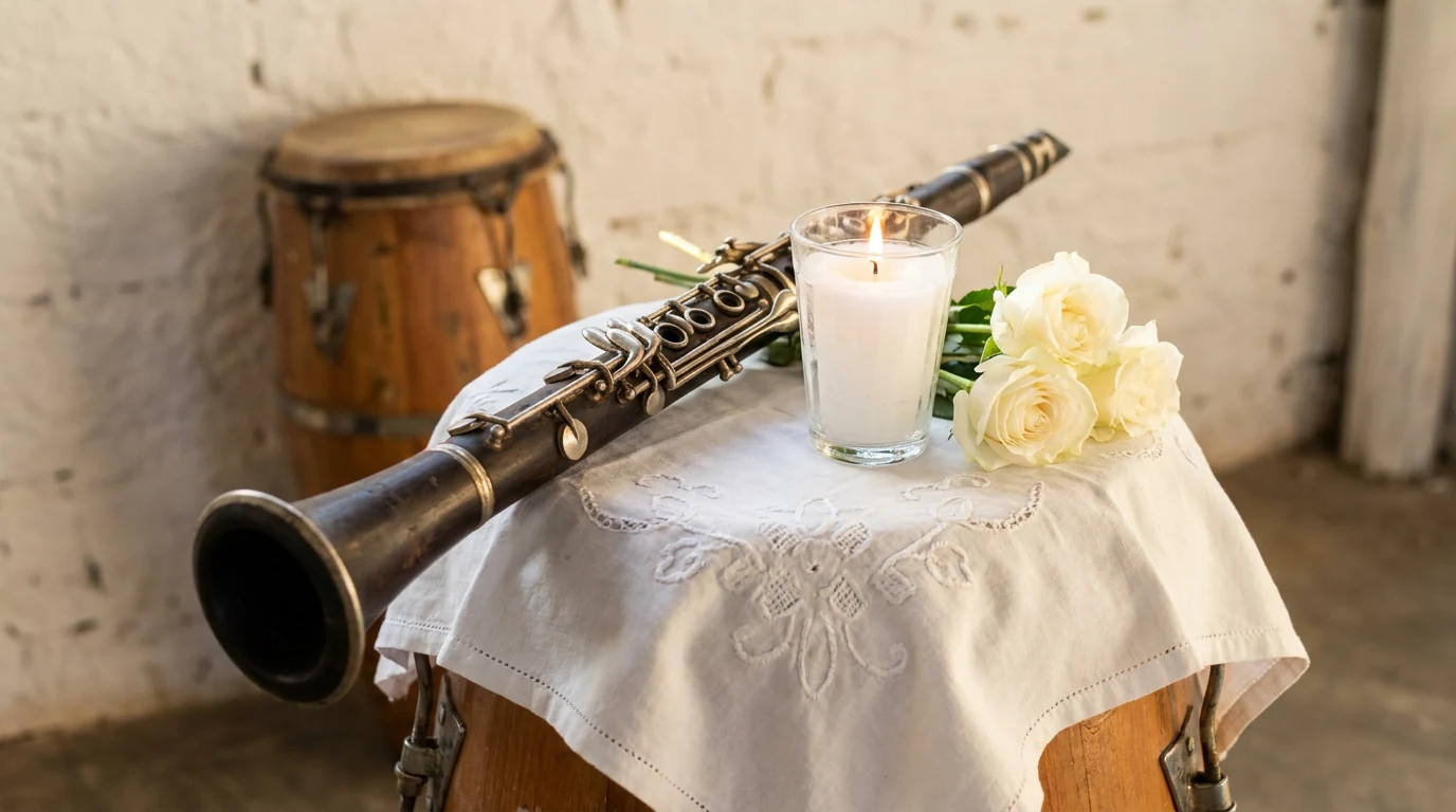Clarineta antiga de madeira sobre toalha branca bordada, com vela branca acesa e rosas brancas, e um atabaque ao fundo contra a parede caiada.