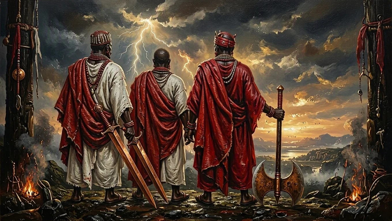 Pintura sacra de três figuras vistas de costas, de vestes vermelhas e brancas e espadas, sob um céu de tempestade cortado por raios