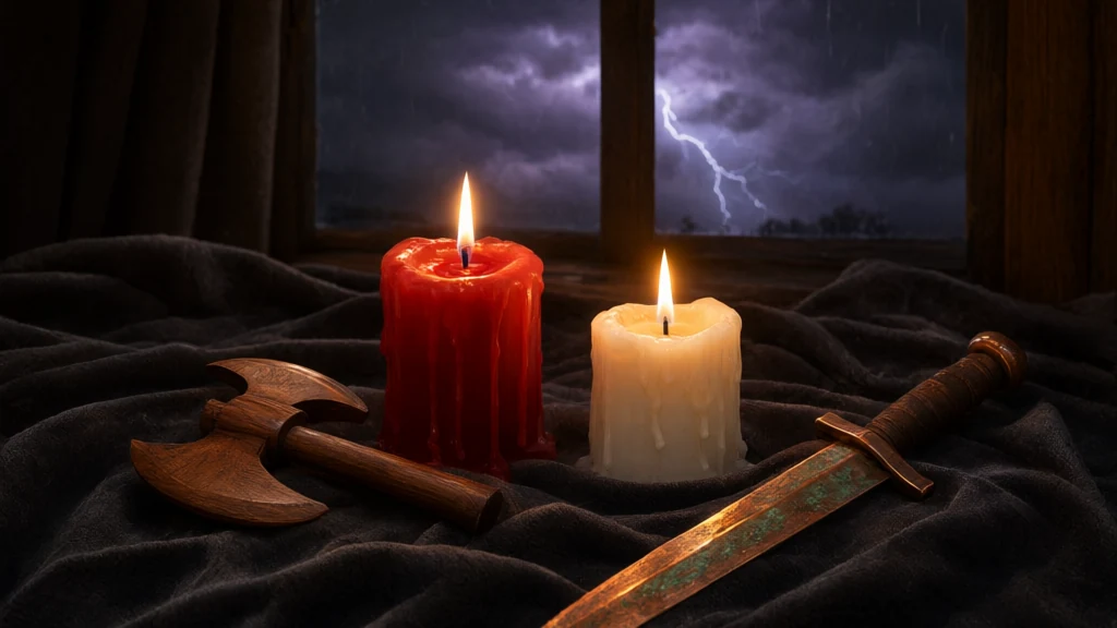Duas velas acesas, uma vermelha e uma branca, ao lado de um machado duplo de madeira e uma espada de cobre sobre pano escuro, sob um céu de tempestade na janela.