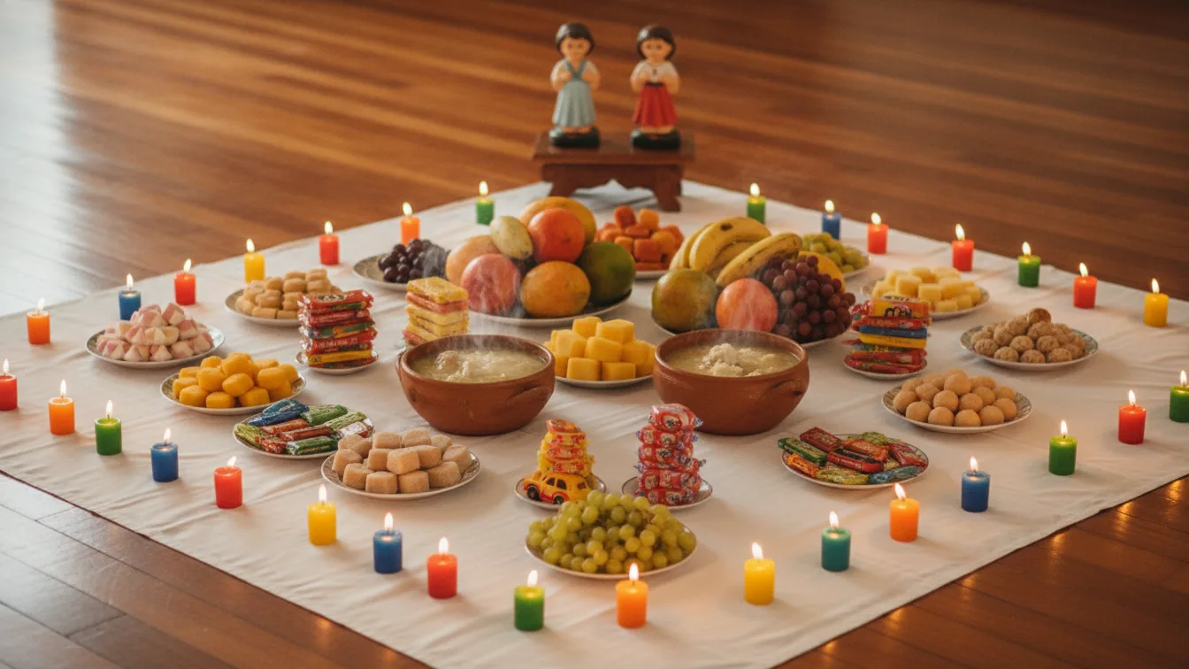 Mesa de doces coloridos para Ibeji com duas quartinhas gêmeas e frutas, brinquedos simples e velas, luz clara e alegre.