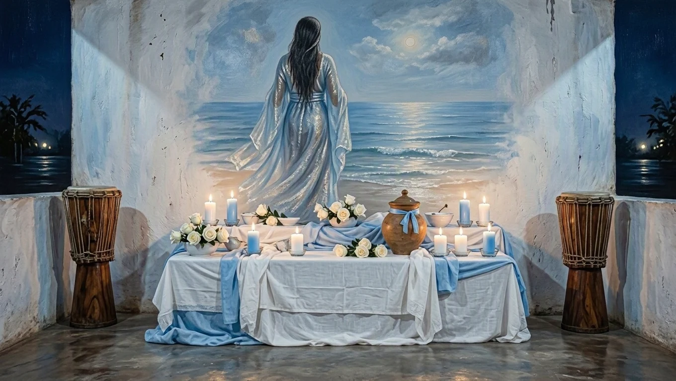 Pintura sacra de um terreiro caiado à noite: congá de pano branco e azul com velas brancas e azul-claras, rosas brancas e quartinha, atabaques nos cantos e, na parede, Iemanjá de costas diante do mar.
