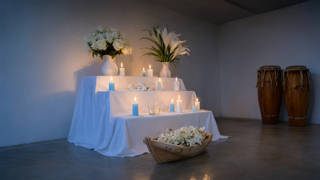 Congá de terreiro caiado à noite, com toalha branca, rosas brancas, velas brancas e azul-claras acesas, um copo d'água e um barquinho de madeira com flores no chão diante do altar.
