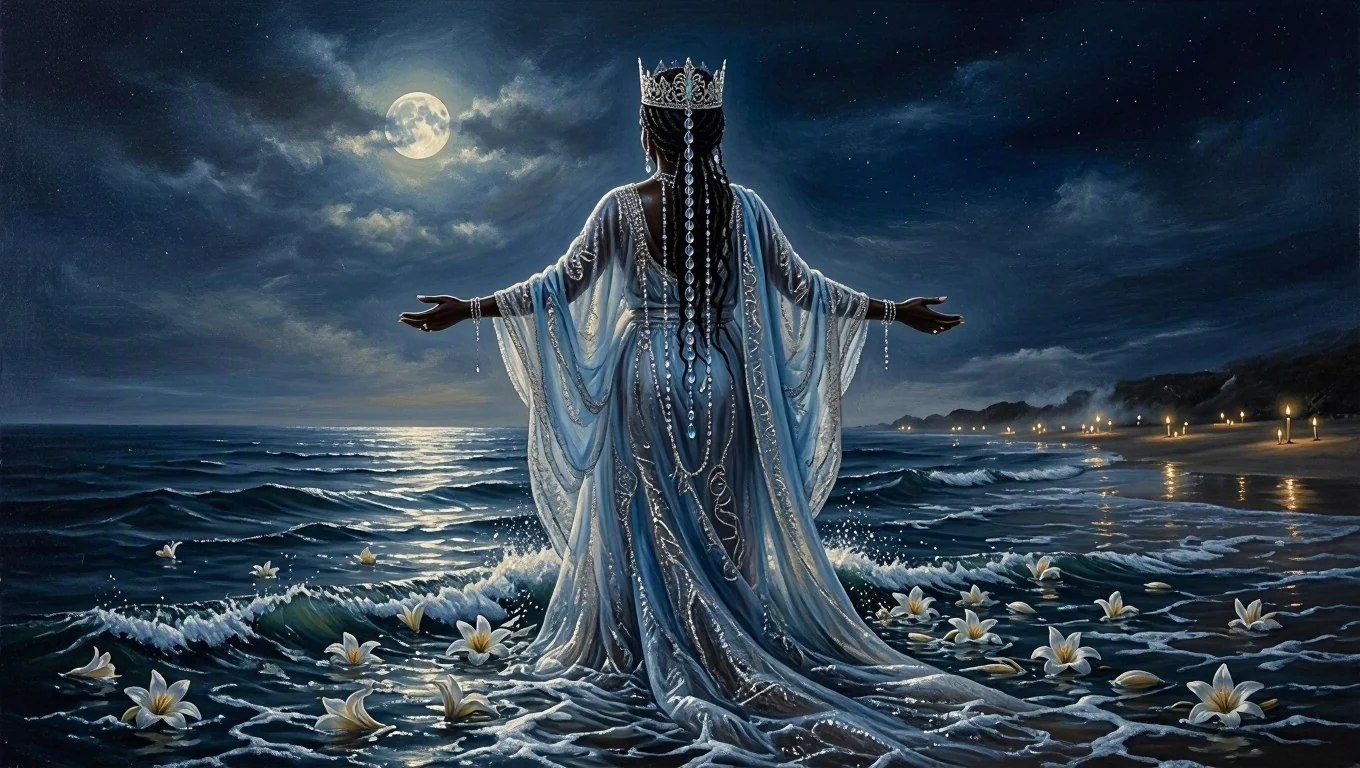 Pintura de Iemanjá de costas, de vestes azul-claras e prata, sobre as ondas à meia-noite, com flores brancas boiando em direção a ela e velas acesas na areia ao longe.