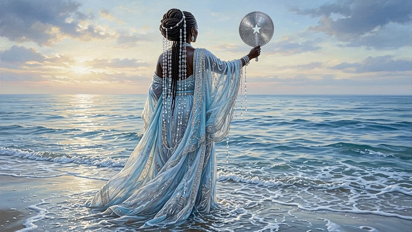 Pintura sacra de Iemanjá negra vista de costas, de vestes azul-claras e prata, erguendo um abebé prateado na arrebentação ao amanhecer.