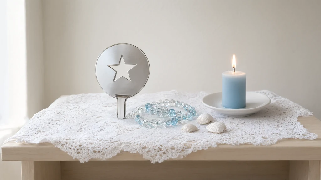 Prateleira de congá caiada com toalha de renda branca, um abebé prateado com estrela recortada, contas de vidro transparentes e azul-claras, conchas brancas e uma vela azul-clara acesa.