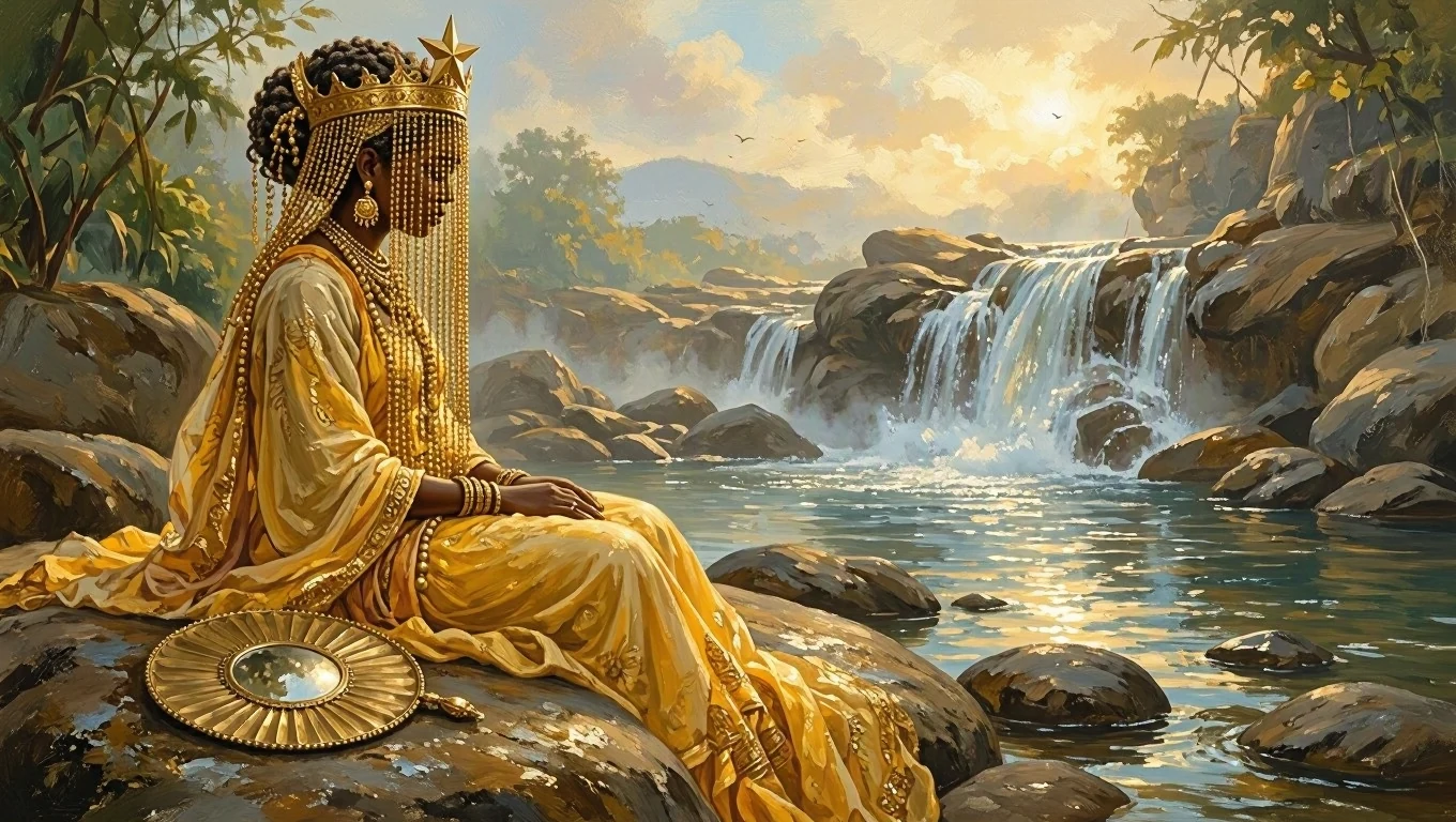 Painting of Oxum in profile, sitting on a waterfall rock, with a crown, a bead veil over her face, and the abebé beside her.