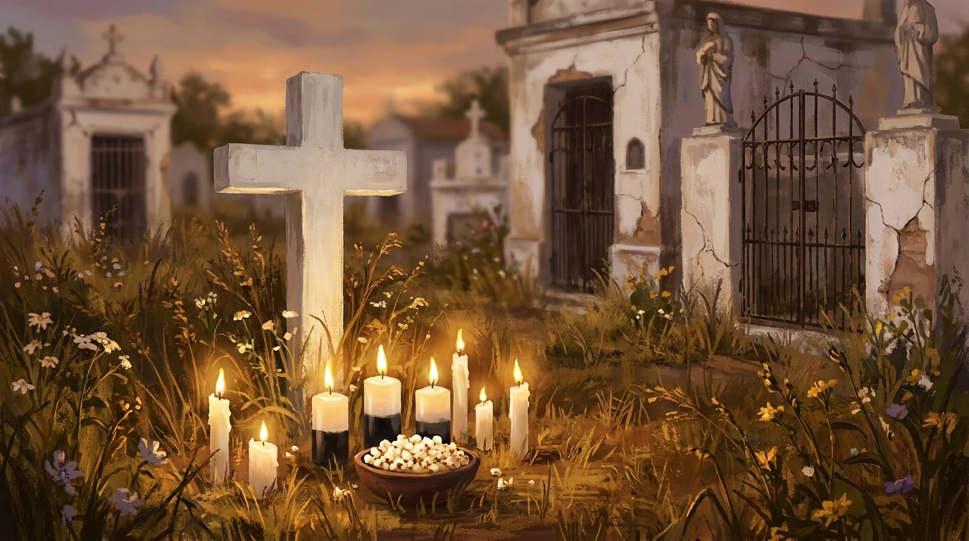 Cruz branca num cemitério ao entardecer, com velas brancas e velas branca e preta acesas ao pé e uma tigela de barro com pipoca ao lado.
