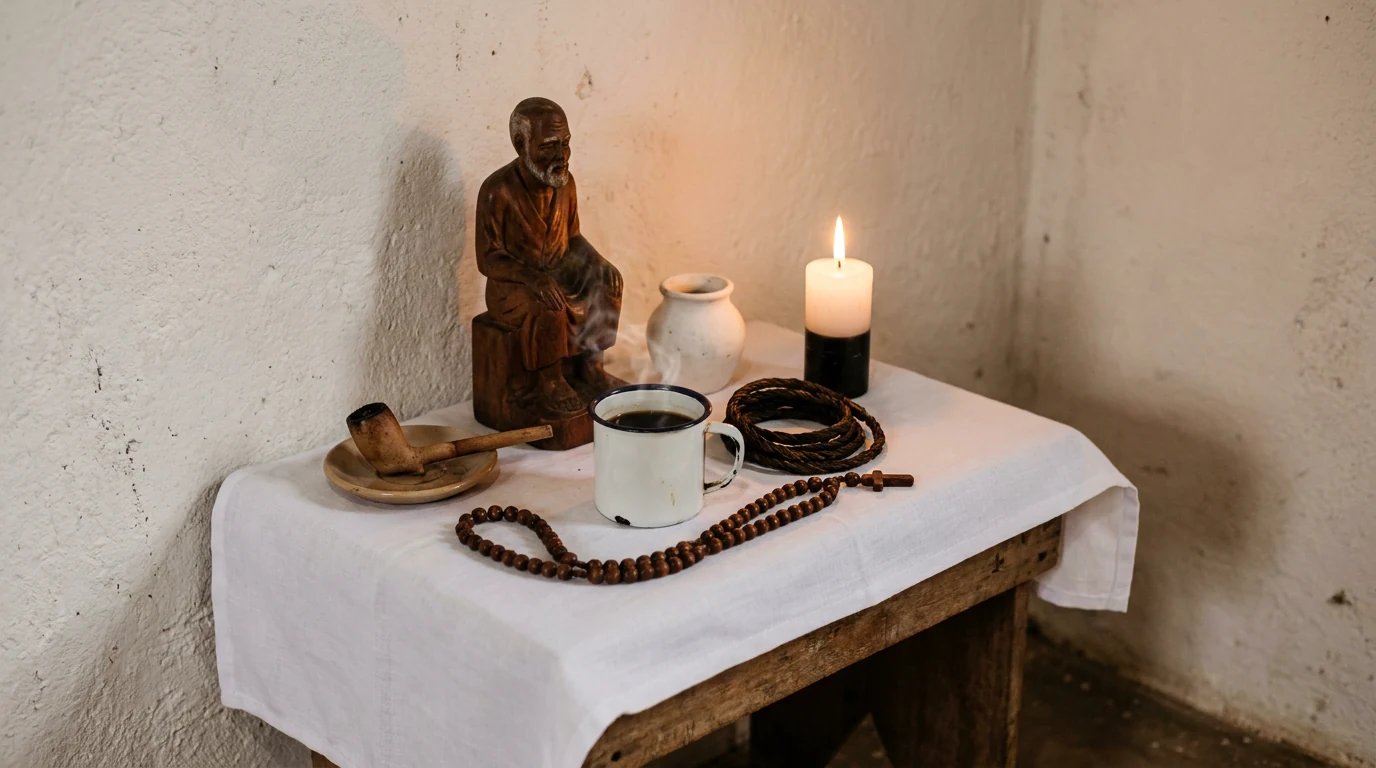 Altar de terreiro coberto de pano branco, com imagem de preto-velho em madeira, cachimbo, caneca de café, rosário, fumo de rolo, quartinha e uma vela branca e preta acesa.
