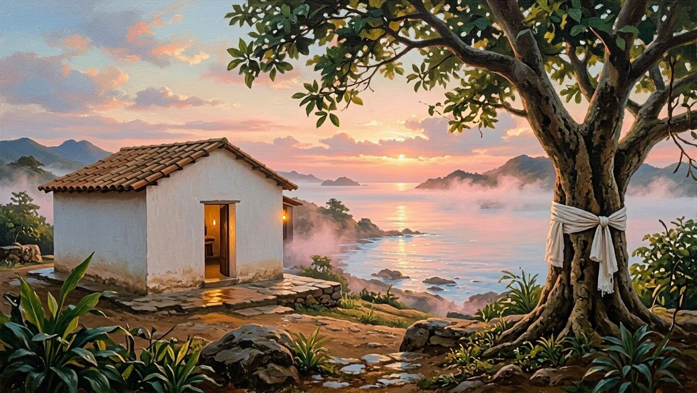 Painting of a whitewashed Candomblé house by a bay at sunset, with pink mist over the water and an ancient tree with a white cloth ribbon on the trunk.