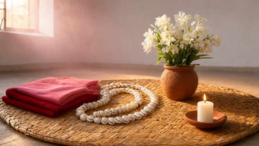 Ewá altar in a lime-washed barracão, with red and pink fabrics, cowrie shells (búzios) bead necklace, white flowers, and a lit white candle on a straw mat.
