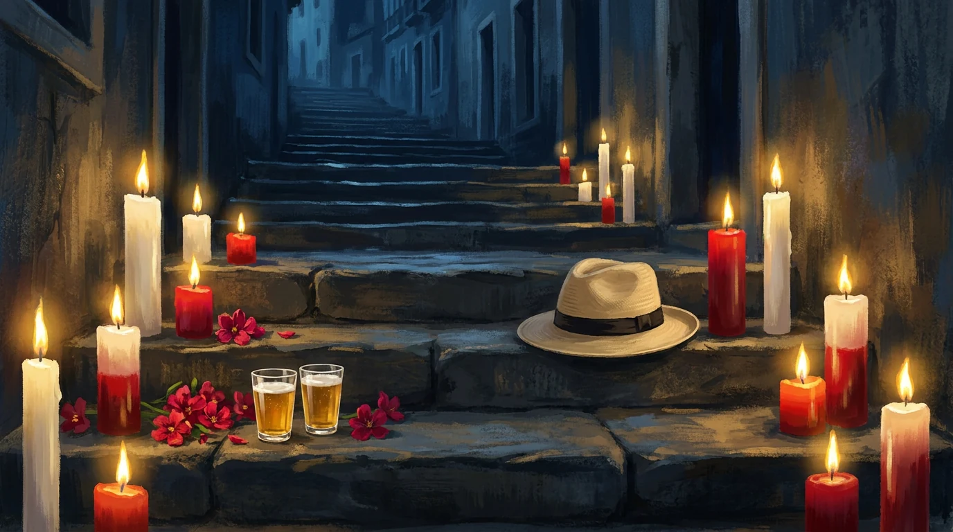 Degraus de pedra de uma rua antiga à noite com velas brancas, vermelhas e bicolores acesas, copos de cerveja, flores vermelhas soltas e um chapéu panamá pousado.