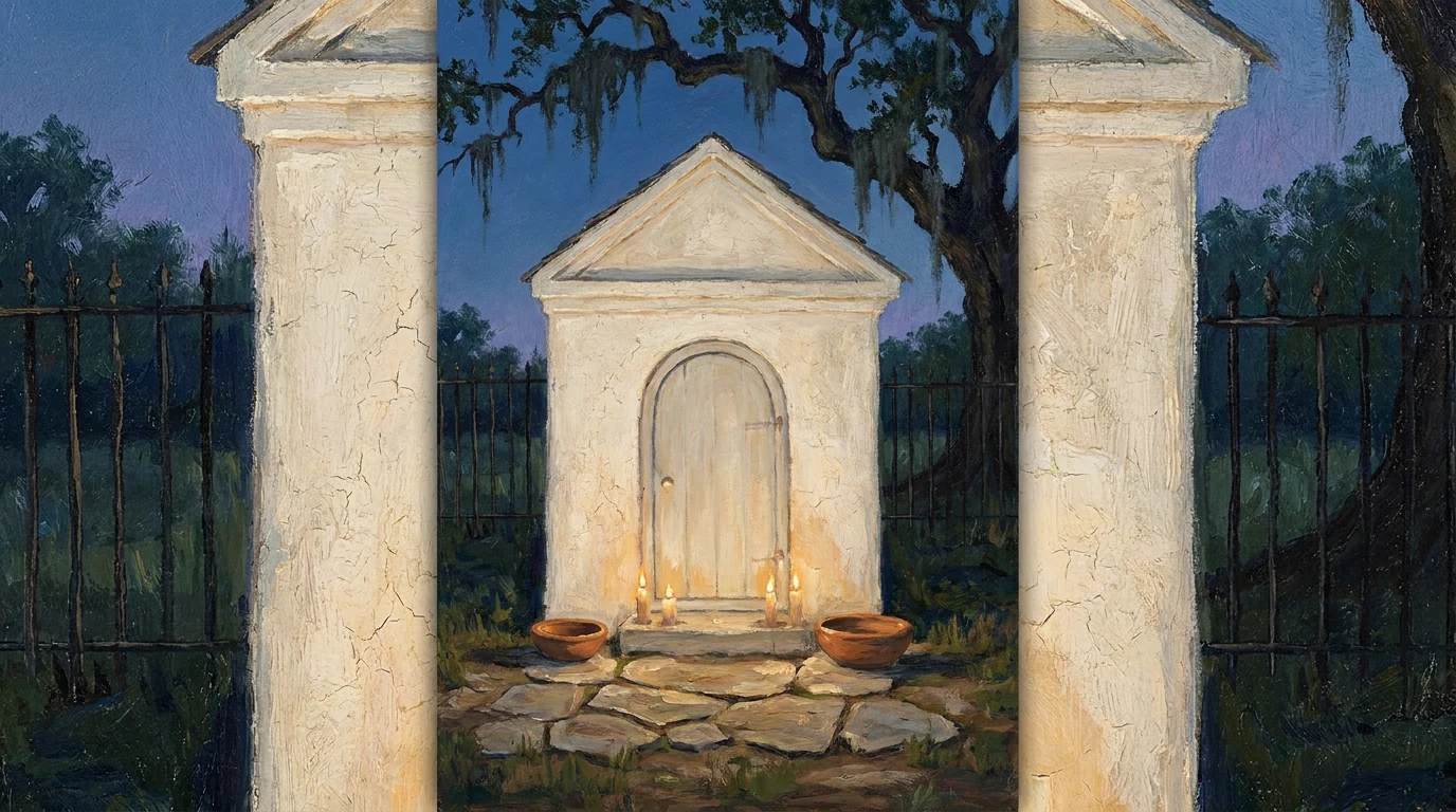 Pintura de arte sacra de um túmulo caiado de cemitério antigo ao entardecer, com velas acesas e tigelas de barro no chão de pedra, cerca de ferro e carvalho com musgo ao fundo.