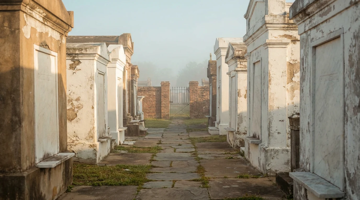 Fileira de túmulos caiados de um cemitério antigo de Nova Orleans ao amanhecer, com lápides de mármore gastas e muro de tijolo ao fundo.