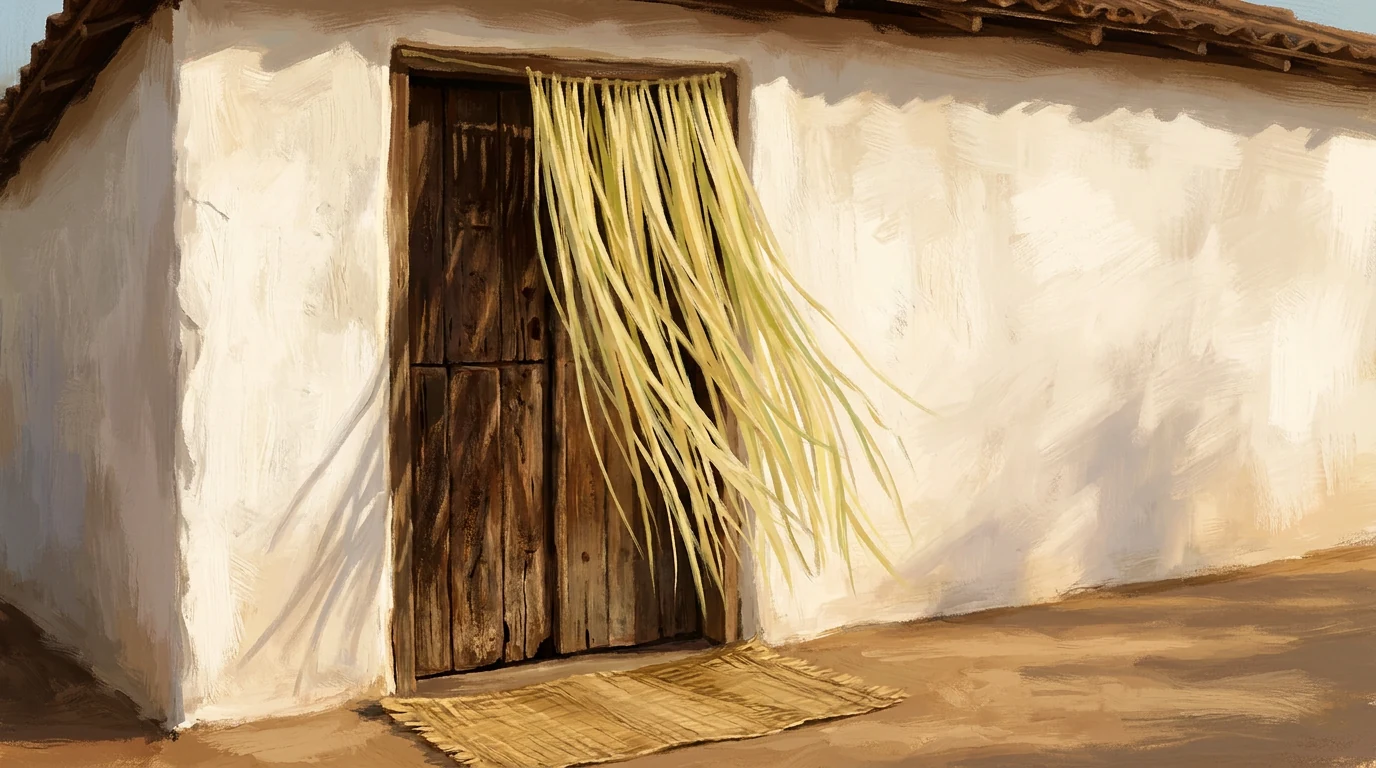 Painting of a closed wooden door on a whitewashed wall, with a fringe of shredded palm leaves hanging at the top.