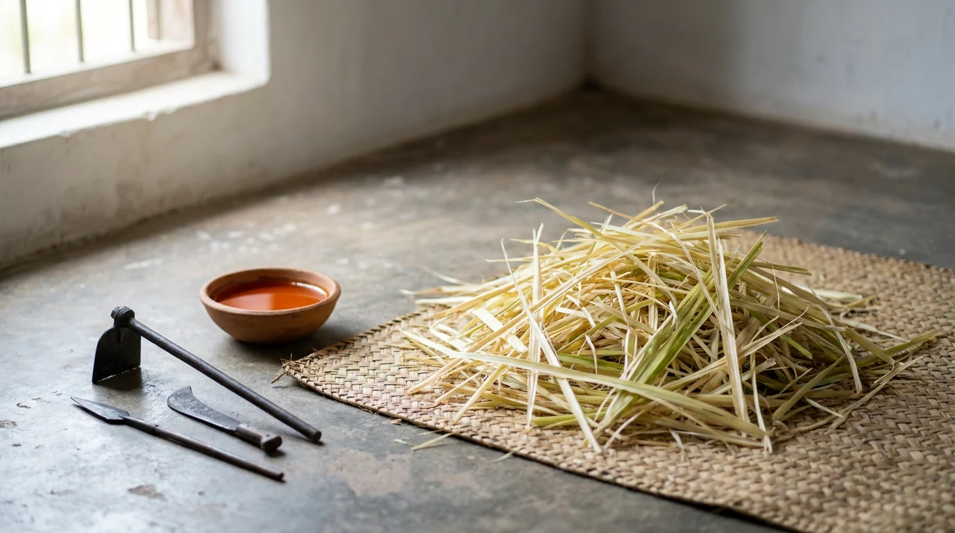 Bundle of new palm leaves shredded into straw-green threads over a mat, next to small iron tools and a clay bowl with dendê oil.