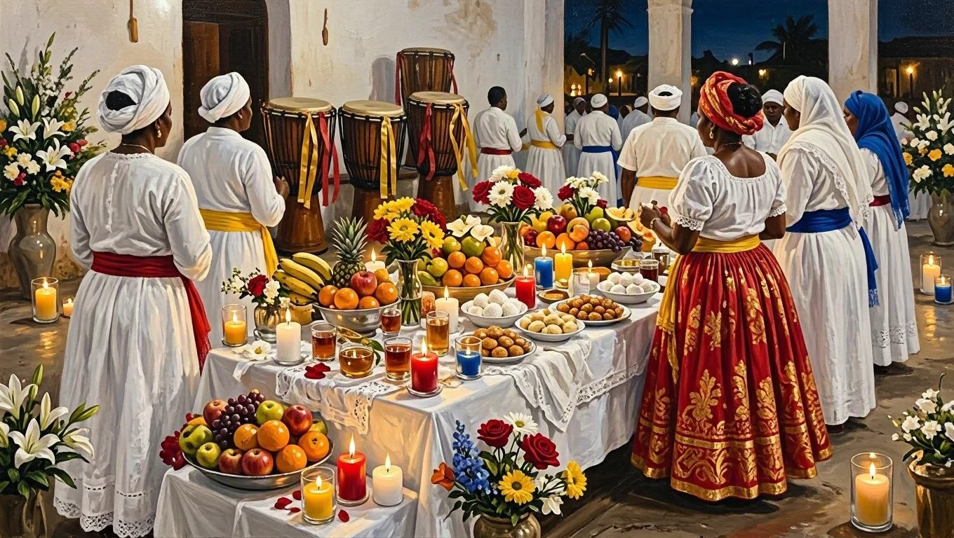 Painting of a Romani festival in a whitewashed terreiro: mediums in white with colorful sashes, seen from behind, around a table full of fruits, sweets, liqueurs and candles, with atabaques decorated with ribbons in the background.