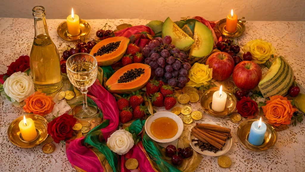 A full table seen from above with an open papaya, strawberries, grapes, apples, cherries, a white wine goblet, saucers of honey, clove and cinnamon, gold coins, roses of four colors and lit candles on a lace tablecloth.