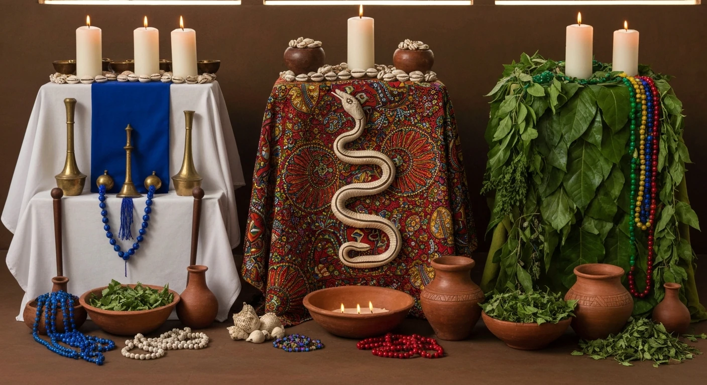 Três atabaques de tamanhos diferentes lado a lado num barracão de candomblé, folhas verdes e velas ao pé, luz filtrada.
